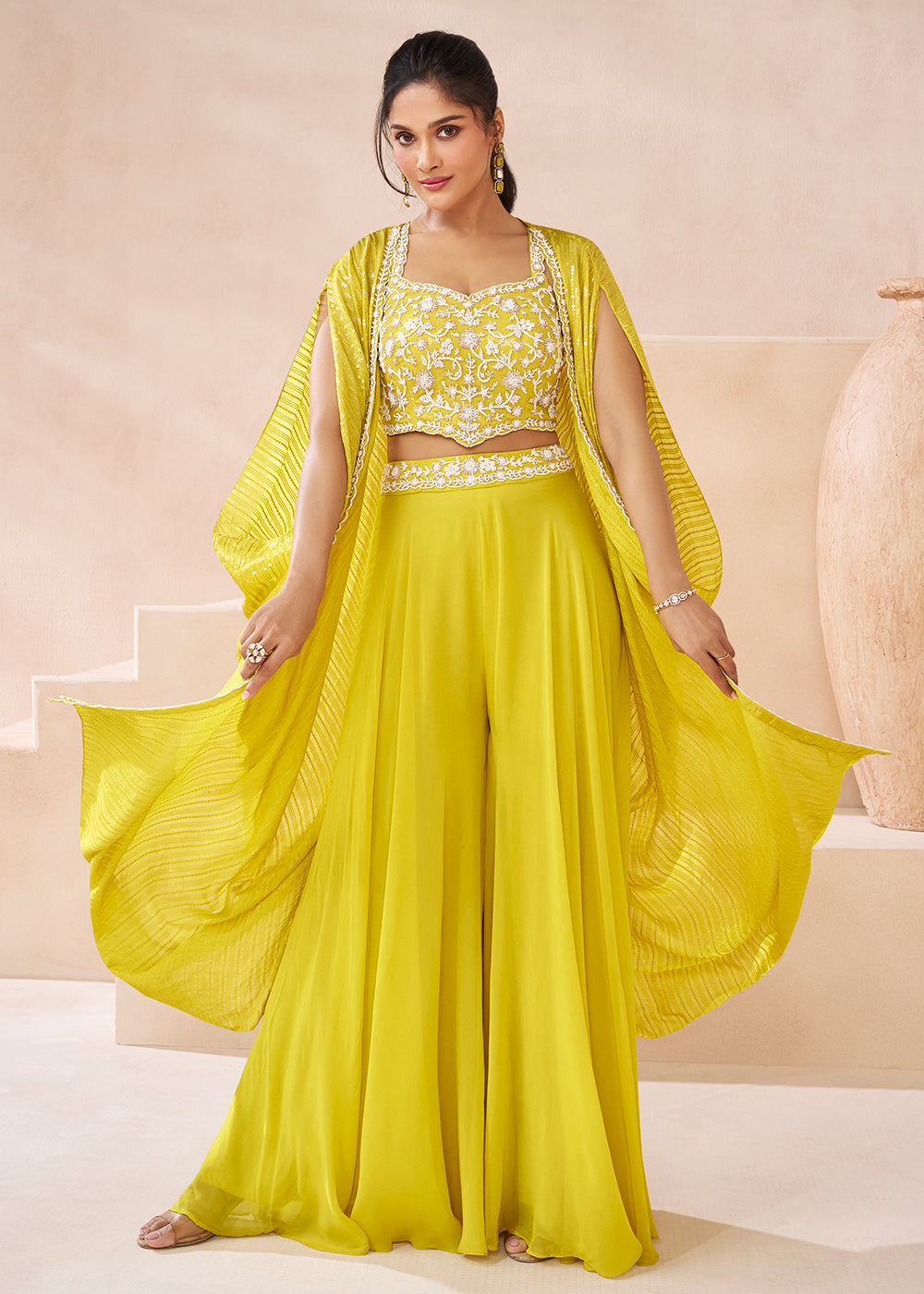Real Georgette Yellow Indo Western Palazzo Suit Real Georgette Yellow Indo Western Palazzo Suit