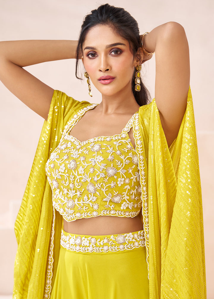 Buy Now Real Georgette Yellow Indo Western Palazzo Suit Online in USA, UK, Canada, Germany, Australia & Worldwide at Empress Clothing. 