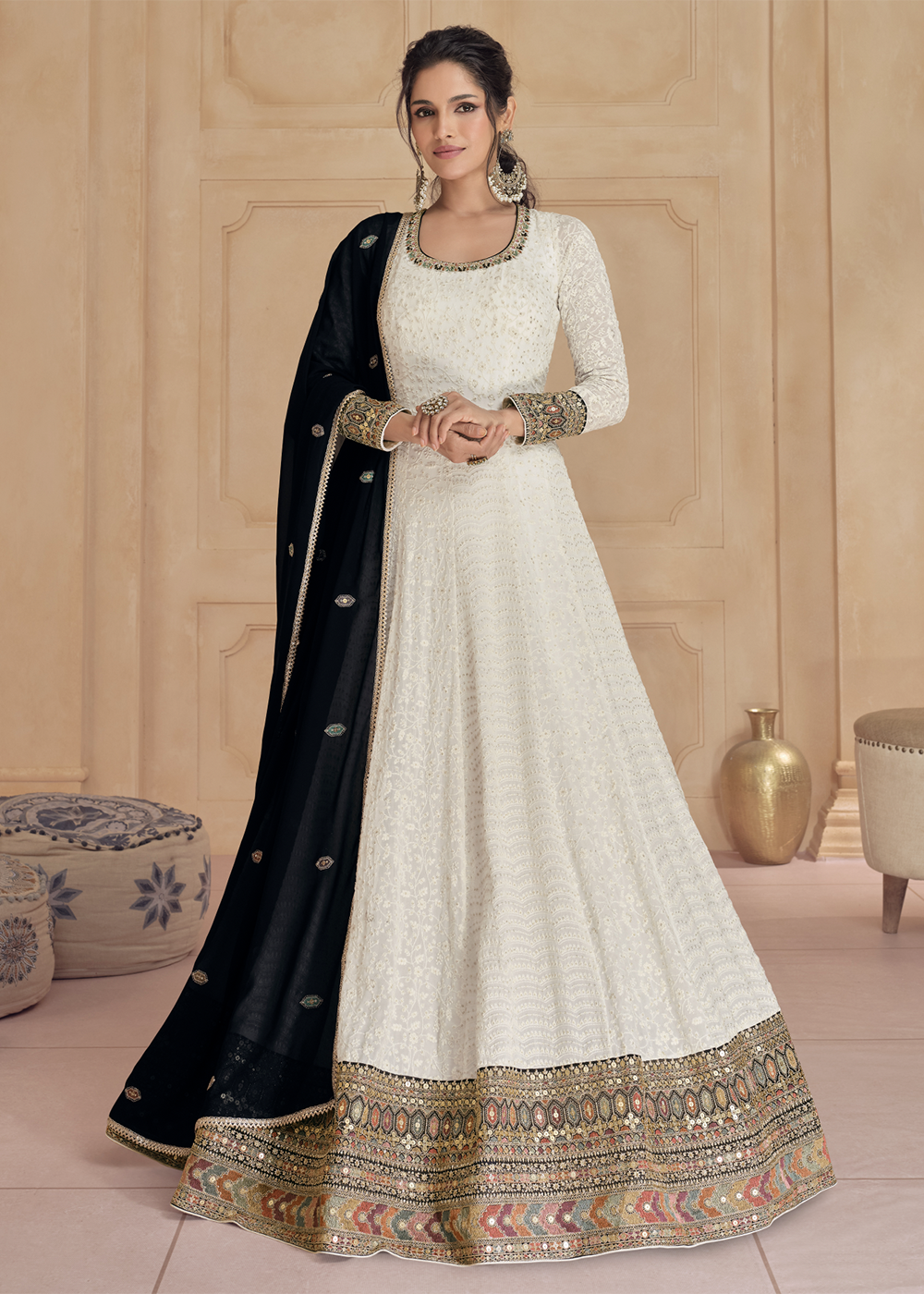 Buy Now Embroidered Off White Real Georgett Pretty Anarkali Gown Online in USA, UK, Australia, Canada & Worldwide at Empress Clothing. 