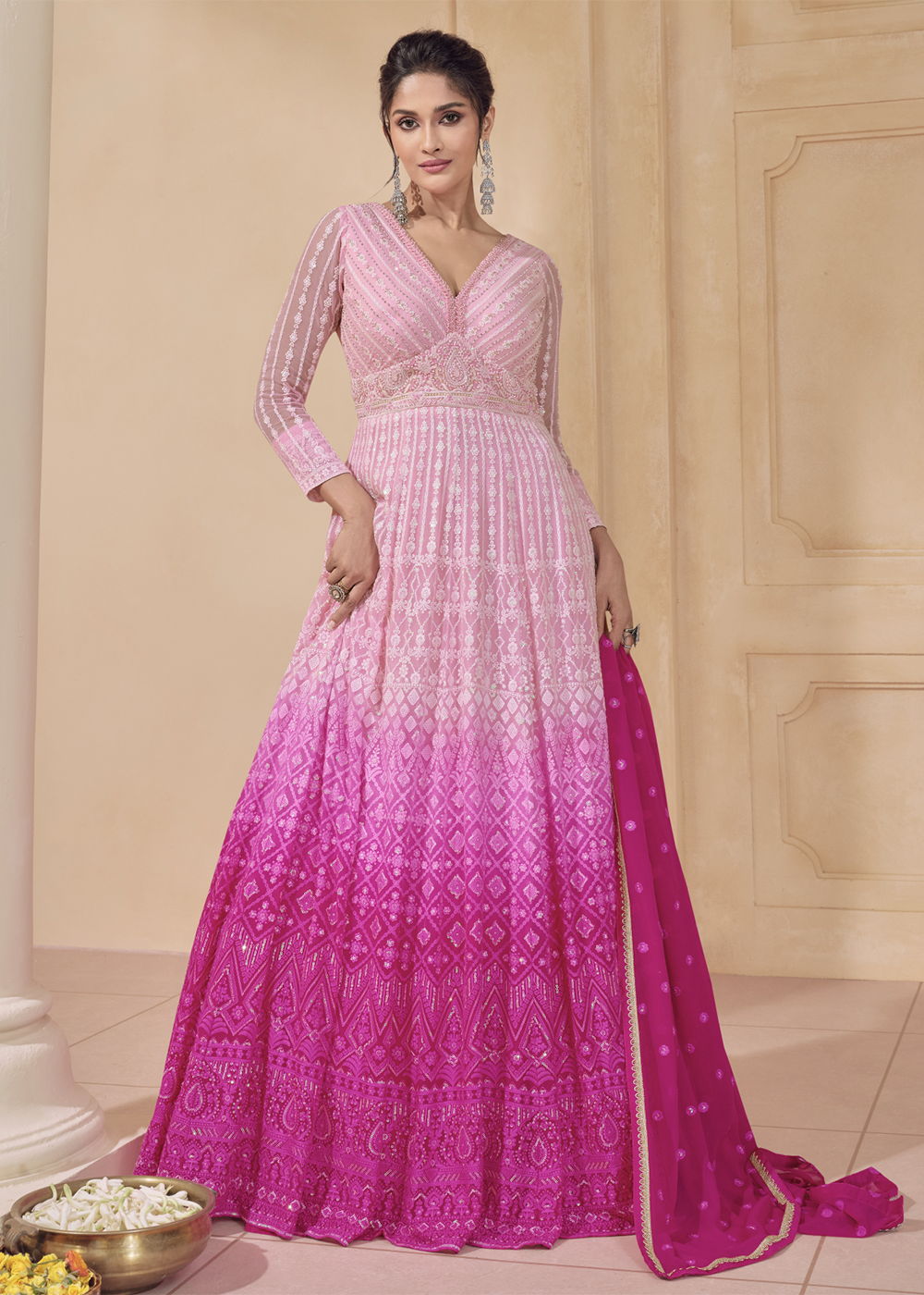 Buy Now Embroidered Ombre Pink Real Georgett Pretty Anarkali Gown Online in USA, UK, Australia, Canada & Worldwide at Empress Clothing. 