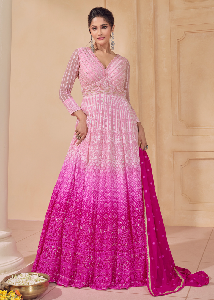 Buy Now Embroidered Ombre Pink Real Georgett Pretty Anarkali Gown Online in USA, UK, Australia, Canada & Worldwide at Empress Clothing. 