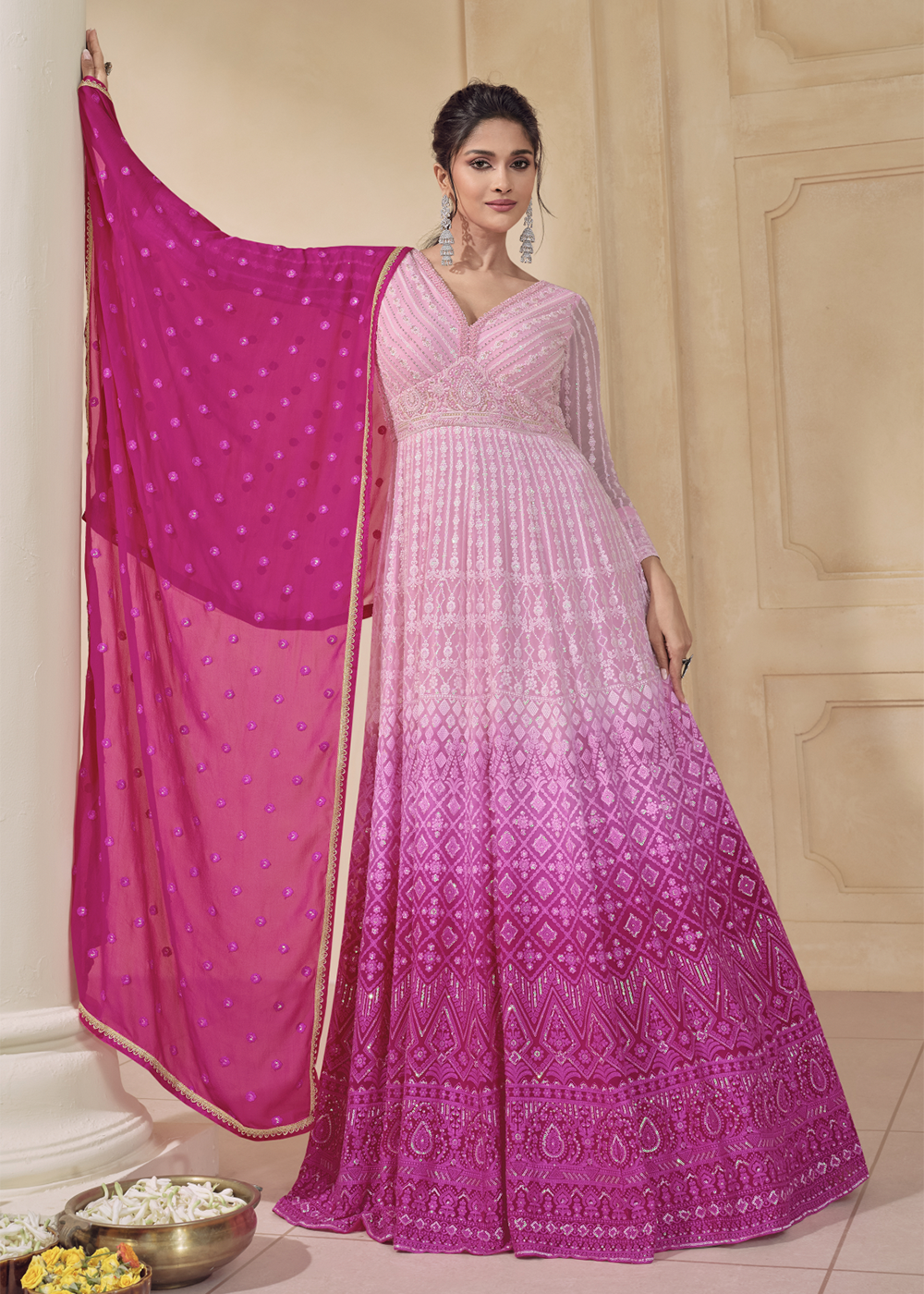 Buy Now Embroidered Ombre Pink Real Georgett Pretty Anarkali Gown Online in USA, UK, Australia, Canada & Worldwide at Empress Clothing. 