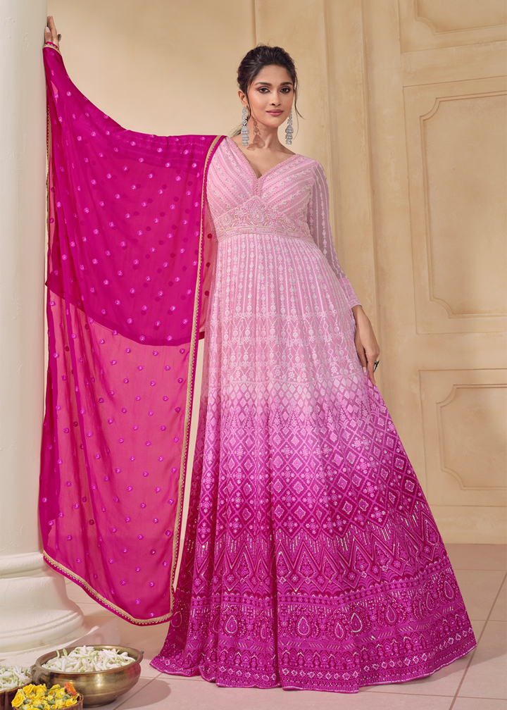 Buy Now Embroidered Ombre Pink Real Georgett Pretty Anarkali Gown Online in USA, UK, Australia, Canada & Worldwide at Empress Clothing. 