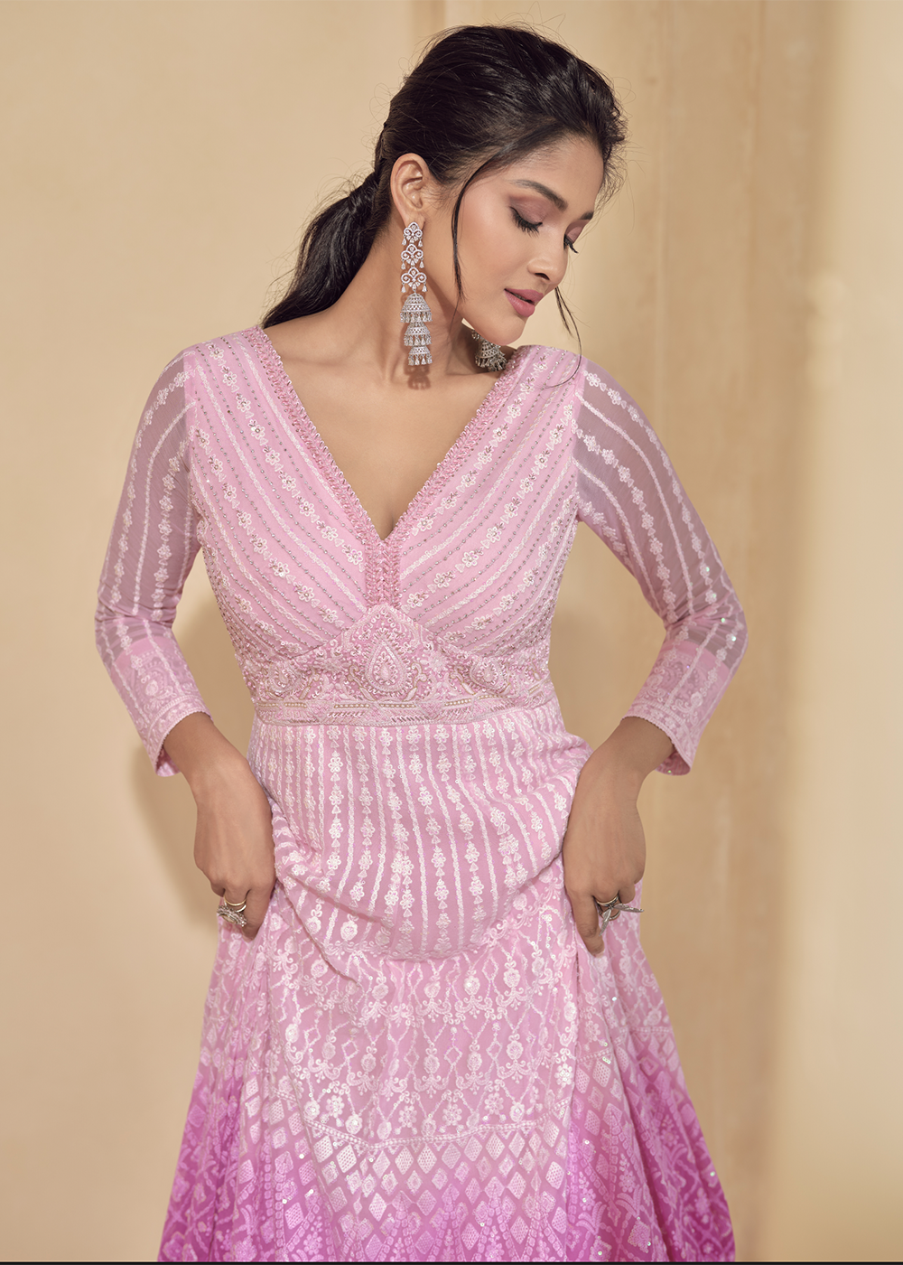 Buy Now Embroidered Ombre Pink Real Georgett Pretty Anarkali Gown Online in USA, UK, Australia, Canada & Worldwide at Empress Clothing. 