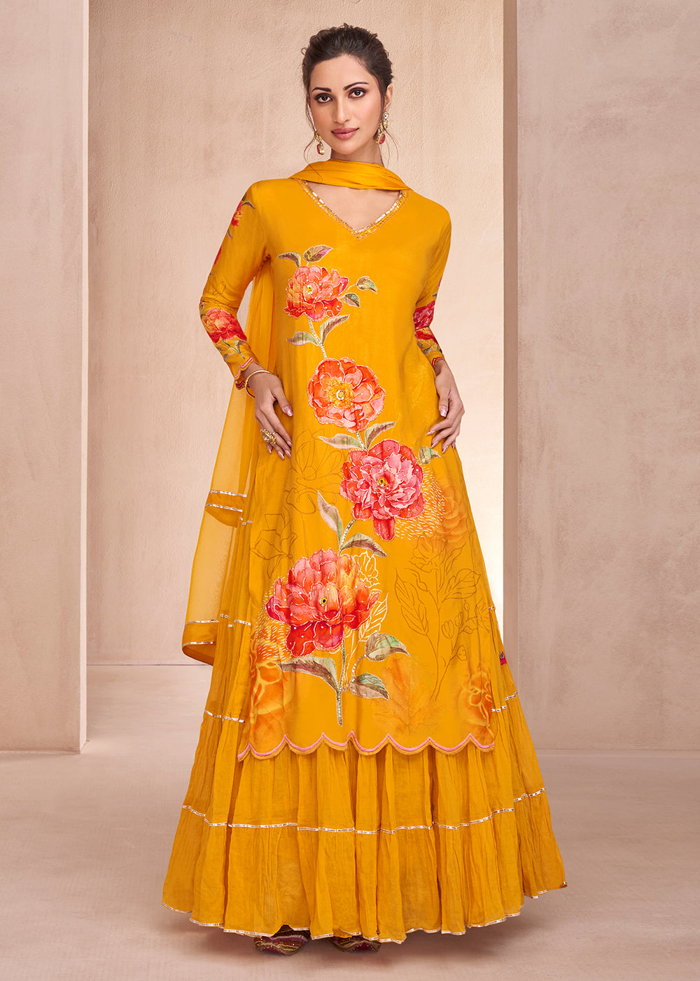 Buy Now Bright Mustard Pure Muslin Embroidered Lehenga Skirt Suit Online in USA, UK, Canada, Germany, Australia & Worldwide at Empress Clothing. 