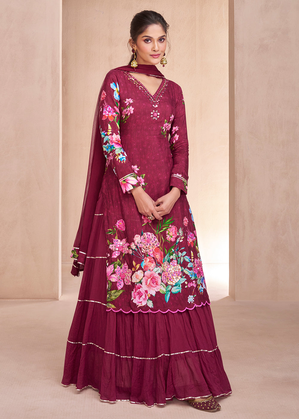 Buy Now Maroon Pure Muslin Embroidered Lehenga Skirt Suit Online in USA, UK, Canada, Germany, Australia & Worldwide at Empress Clothing. 