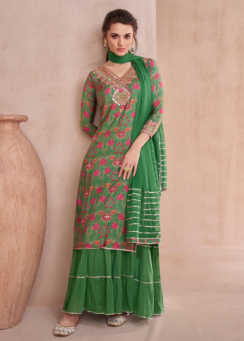 Buy Now Leaf Green Pure Muslin Embroidered Lehenga Skirt Suit Online in USA, UK, Canada, Germany, Australia & Worldwide at Empress Clothing.