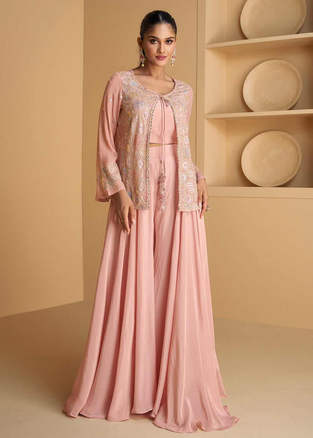 Buy Now Pink Jacket Style Embroidered Indo Western Palazzo Suit Online in USA, UK, Canada, Germany, Australia & Worldwide at Empress Clothing