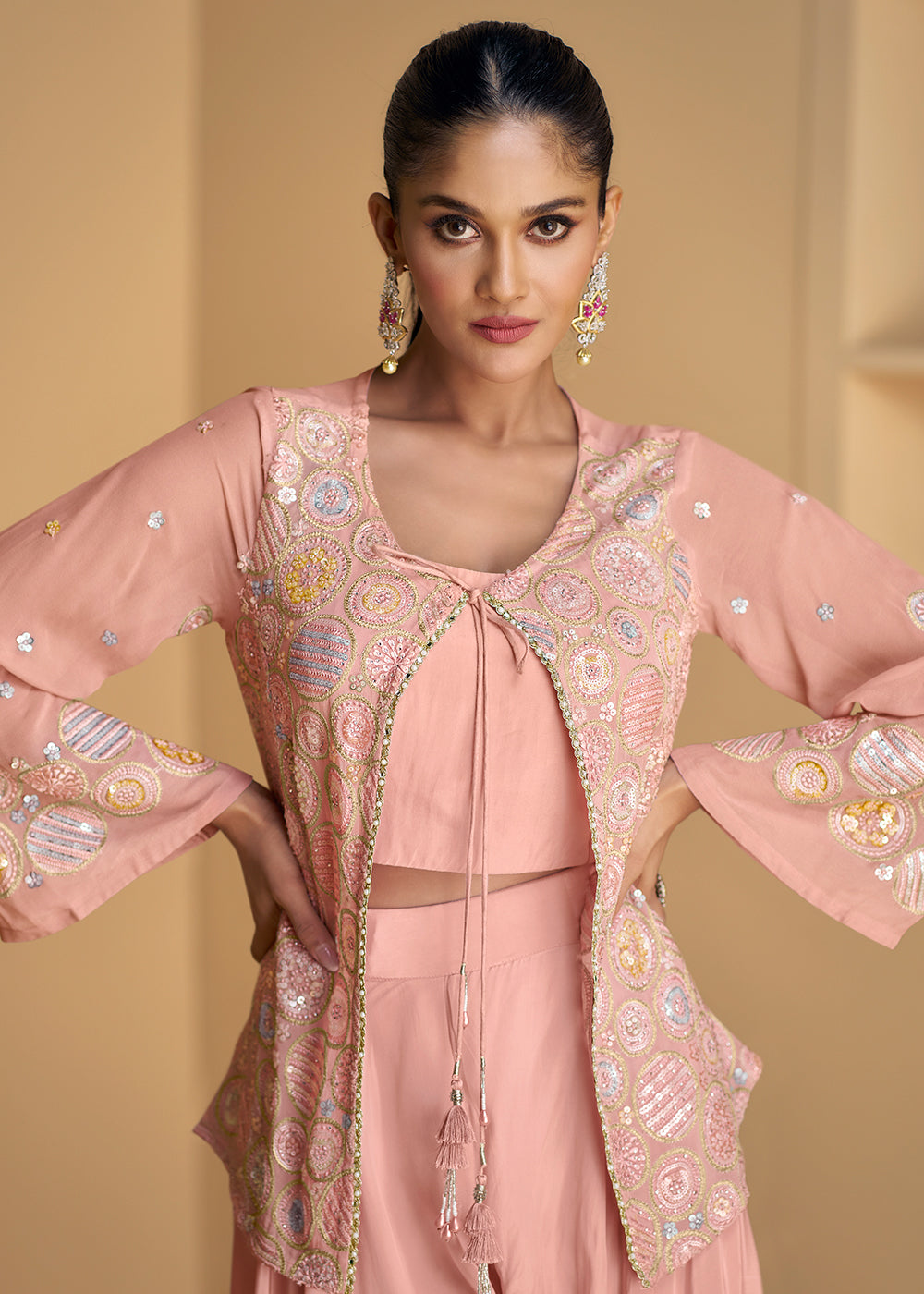 Buy Now Pink Jacket Style Embroidered Indo Western Palazzo Suit Online in USA, UK, Canada, Germany, Australia & Worldwide at Empress Clothing