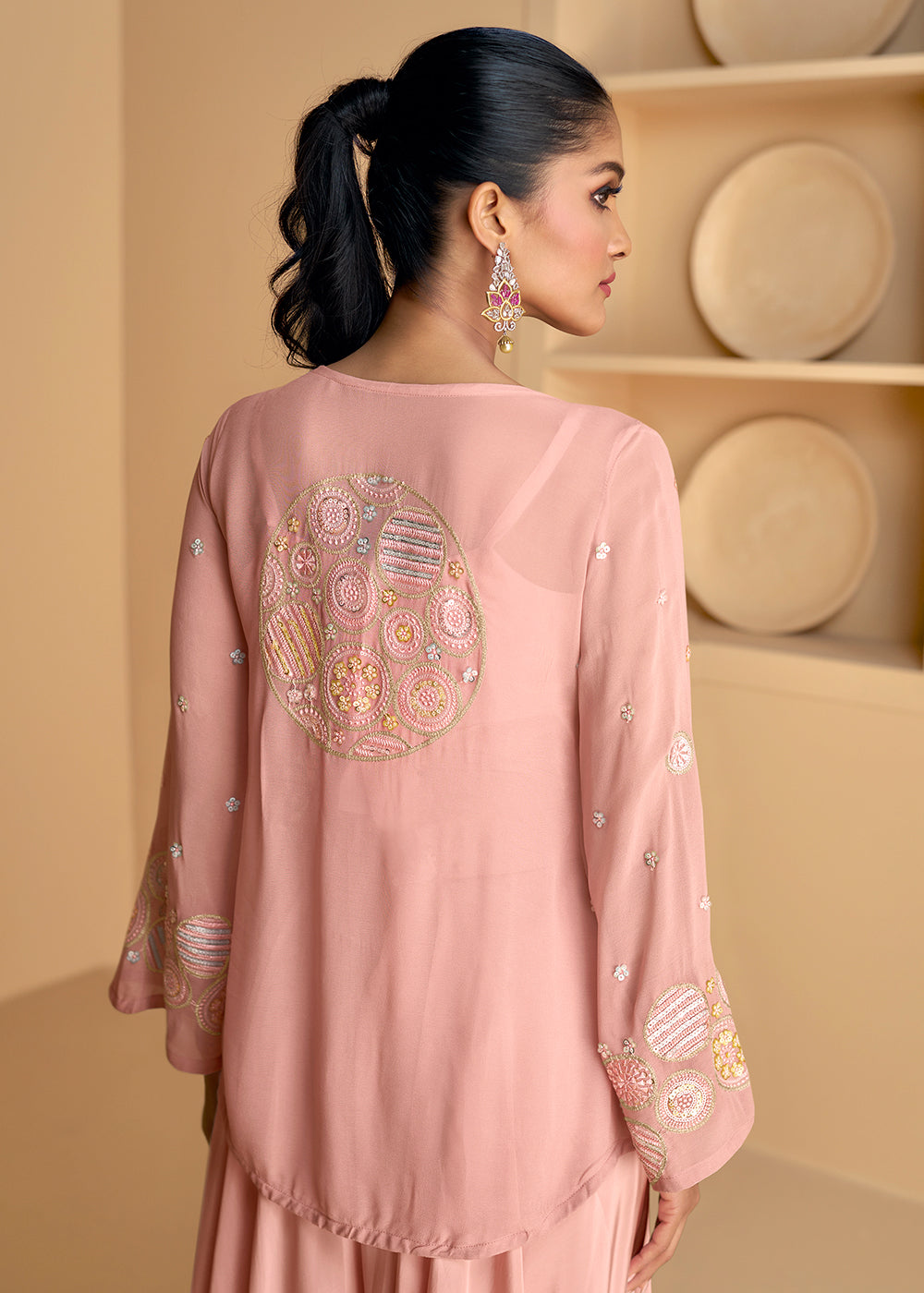 Buy Now Pink Jacket Style Embroidered Indo Western Palazzo Suit Online in USA, UK, Canada, Germany, Australia & Worldwide at Empress Clothing