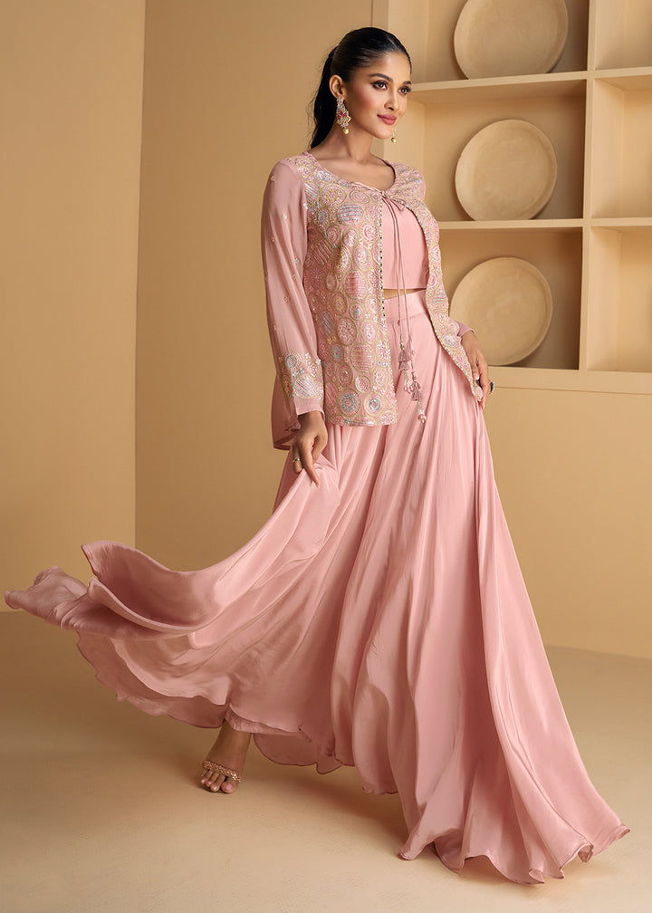 Buy Now Pink Jacket Style Embroidered Indo Western Palazzo Suit Online in USA, UK, Canada, Germany, Australia & Worldwide at Empress Clothing