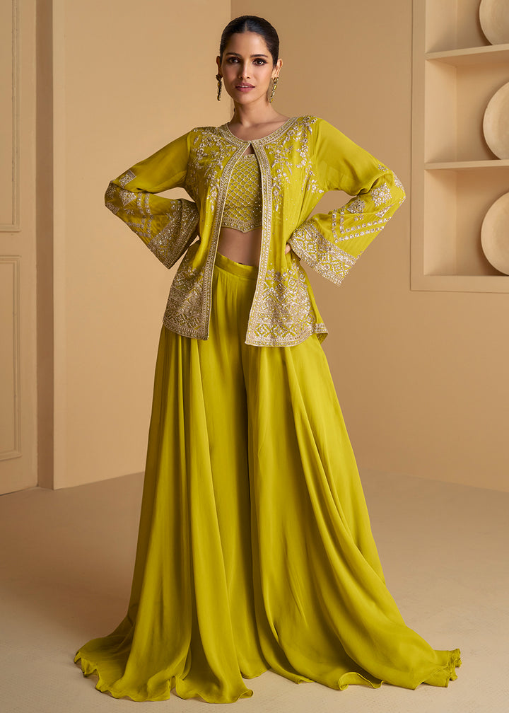 Buy Now Green Jacket Style Embroidered Indo Western Palazzo Suit Online in USA, UK, Canada, Germany, Australia & Worldwide at Empress Clothing. 