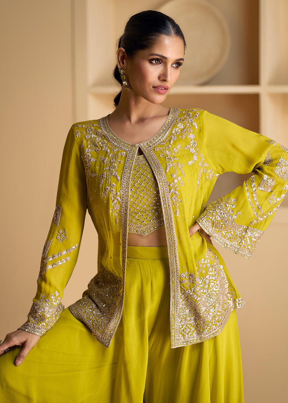 Buy Now Green Jacket Style Embroidered Indo Western Palazzo Suit Online in USA, UK, Canada, Germany, Australia & Worldwide at Empress Clothing. 