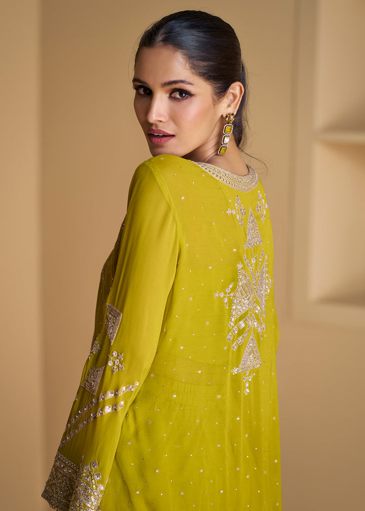 Buy Now Green Jacket Style Embroidered Indo Western Palazzo Suit Online in USA, UK, Canada, Germany, Australia & Worldwide at Empress Clothing. 