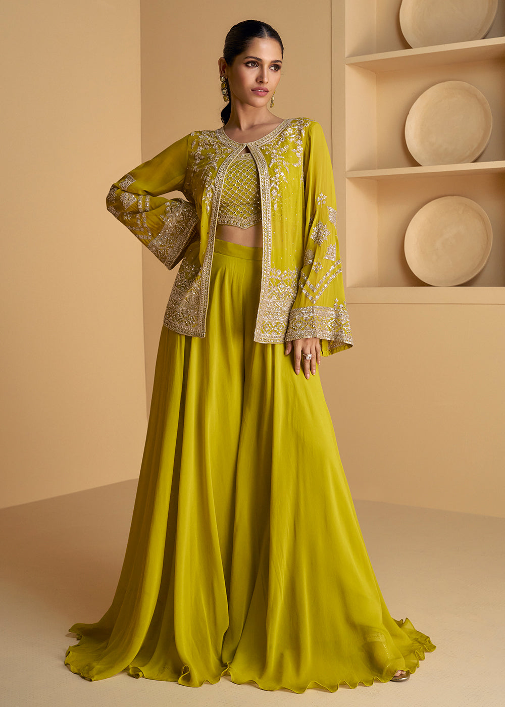 Buy Now Green Jacket Style Embroidered Indo Western Palazzo Suit Online in USA, UK, Canada, Germany, Australia & Worldwide at Empress Clothing. 