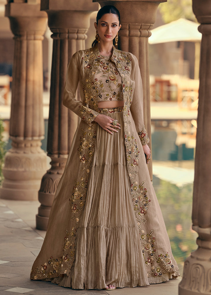 Buy Now Tempting Beige Embroidered Designer Indo Western Dress Online in USA, UK, Canada, Germany, Australia & Worldwide at Empress Clothing. 