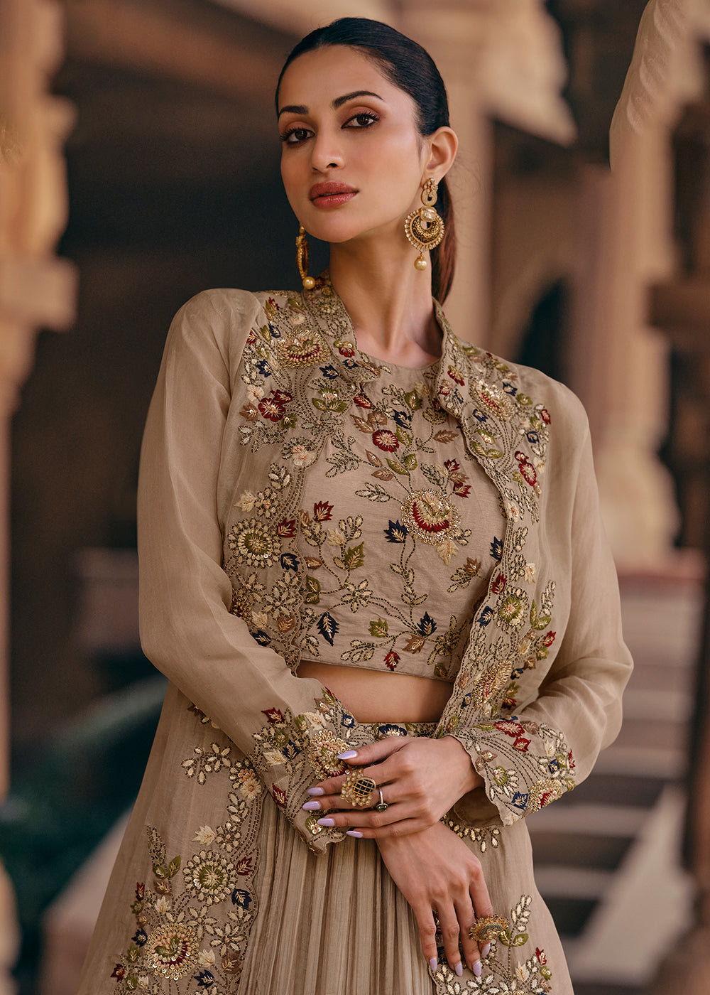 Tempting Beige Embroidered Designer Indo Western Dress