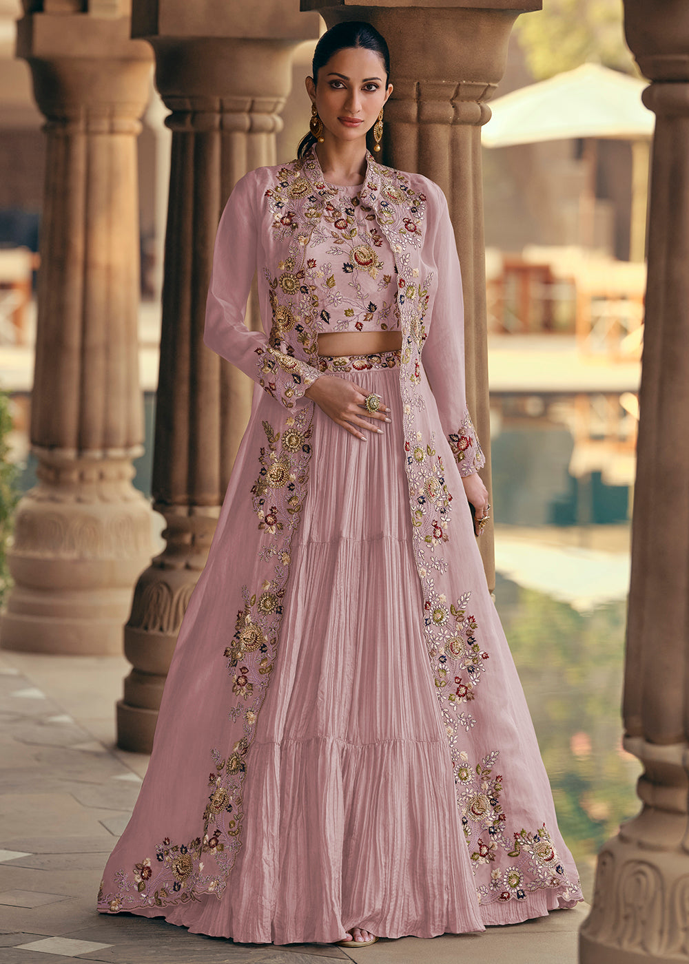 Tempting Pink Embroidered Designer Indo Western Dress