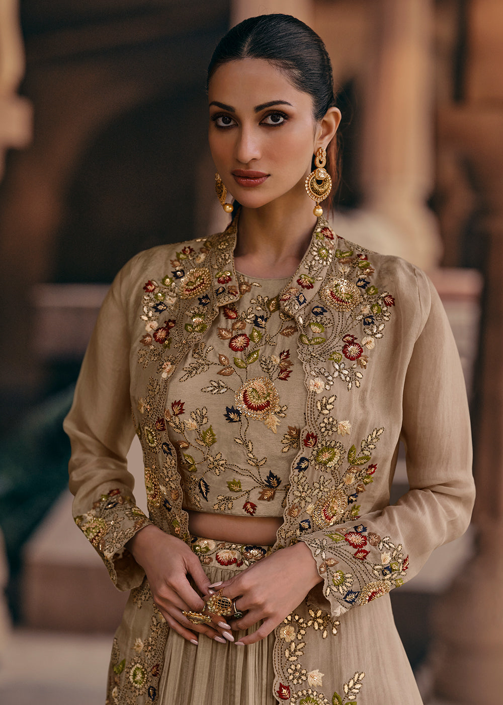 Buy Now Tempting Beige Embroidered Designer Indo Western Dress Online in USA, UK, Canada, Germany, Australia & Worldwide at Empress Clothing. 