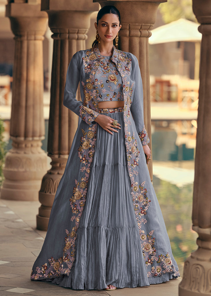 Tempting Grey Embroidered Designer Indo Western Dress Tempting Grey Embroidered Designer Indo Western Dress