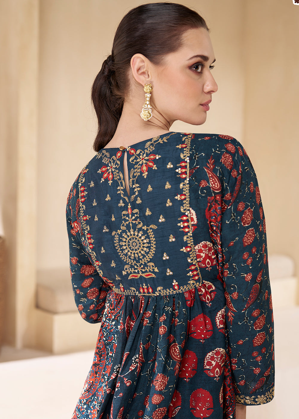 Shop Now Blue Digital Printed & Embroidered Party Style Sharara Suit Online at Empress Clothing in USA, UK, Canada, Italy & Worldwide.