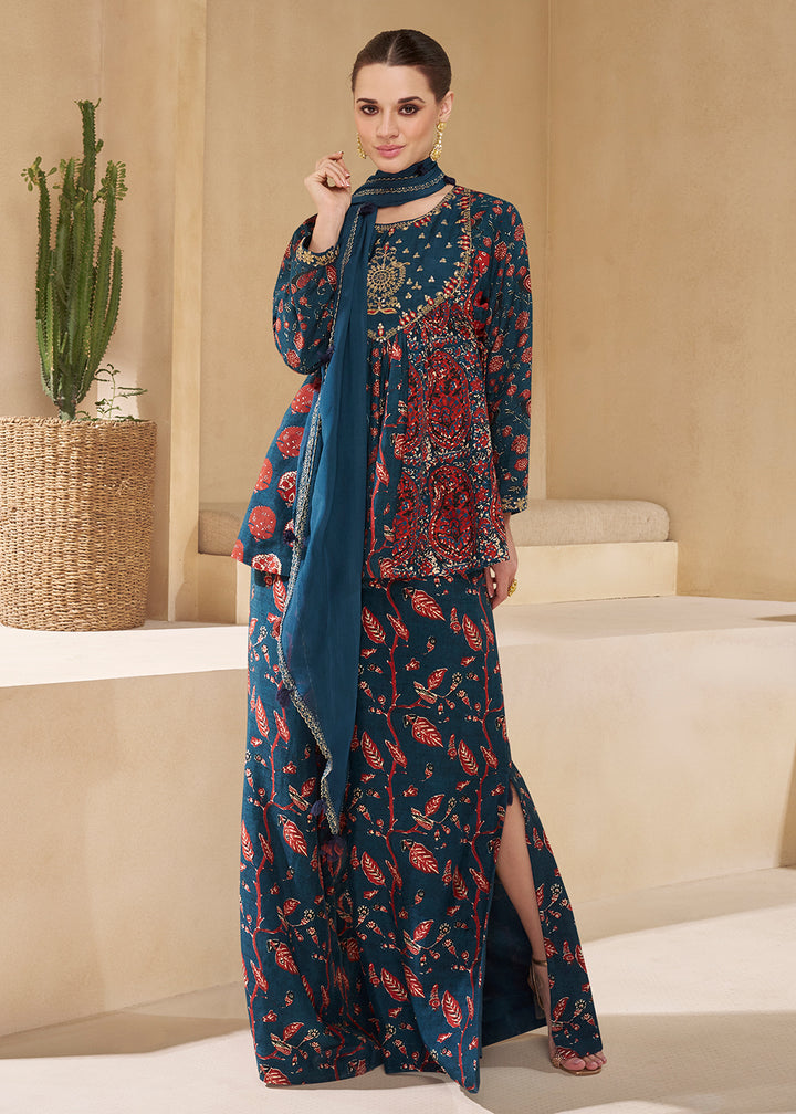 Shop Now Blue Digital Printed & Embroidered Party Style Sharara Suit Online at Empress Clothing in USA, UK, Canada, Italy & Worldwide.