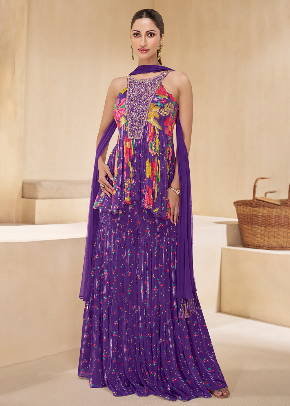 Shop Now Purple Digital Printed & Embroidered Party Style Sharara Suit Online at Empress Clothing in USA, UK, Canada, Italy & Worldwide.