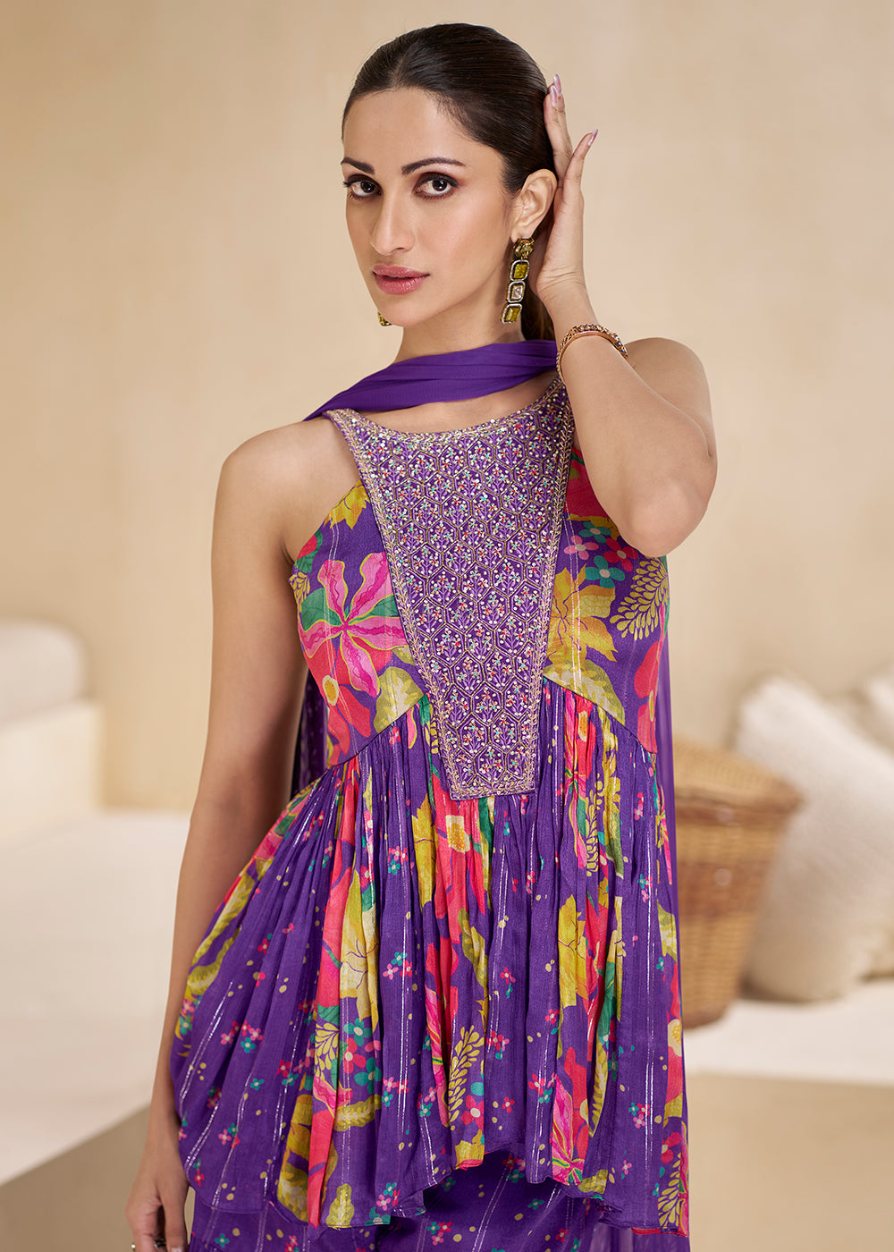 Shop Now Purple Digital Printed & Embroidered Party Style Sharara Suit Online at Empress Clothing in USA, UK, Canada, Italy & Worldwide.'