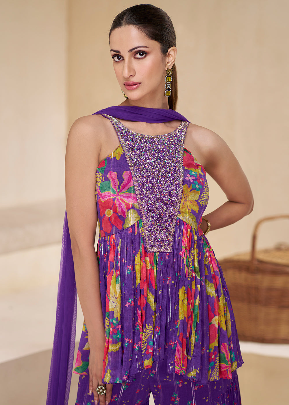 Shop Now Purple Digital Printed & Embroidered Party Style Sharara Suit Online at Empress Clothing in USA, UK, Canada, Italy & Worldwide.