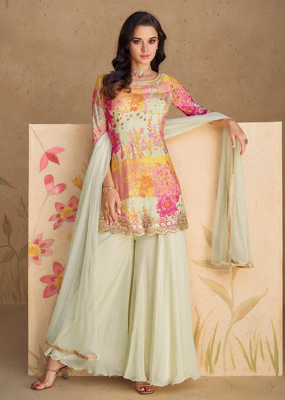 Buy Now Festive Party Off White Real Chinnon Silk Palazzo Suit Online in USA, UK, Canada, Germany, Australia & Worldwide at Empress Clothing. 