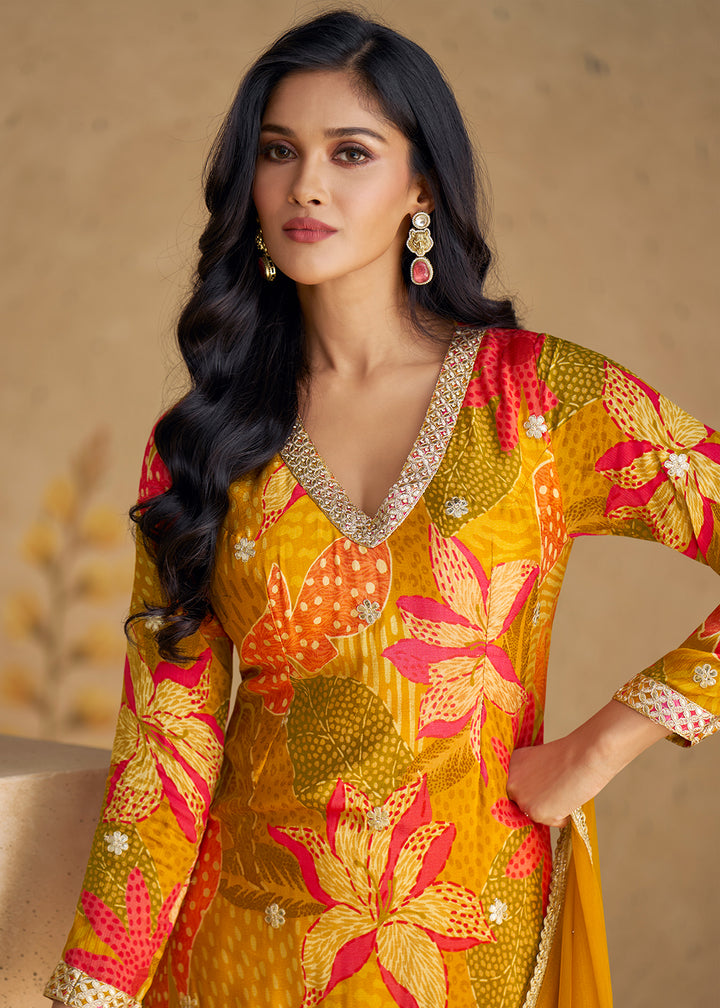 Buy Now Festive Party Mustard Real Chinnon Silk Palazzo Suit Online in USA, UK, Canada, Germany, Australia & Worldwide at Empress Clothing. 