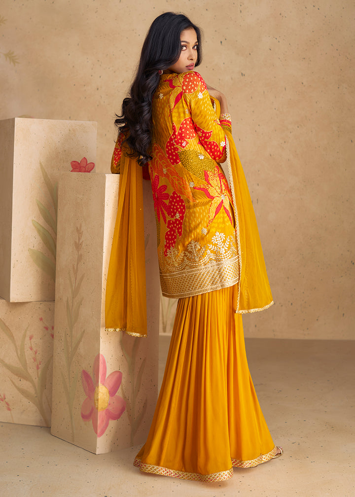 Buy Now Festive Party Mustard Real Chinnon Silk Palazzo Suit Online in USA, UK, Canada, Germany, Australia & Worldwide at Empress Clothing. 
