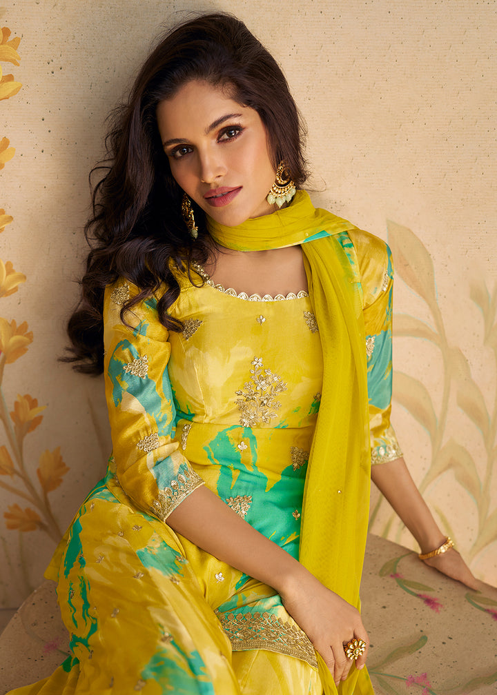 Buy Now Green Festive Party Real Chinnon Silk Palazzo Suit Online in USA, UK, Canada, Germany, Australia & Worldwide at Empress Clothing.