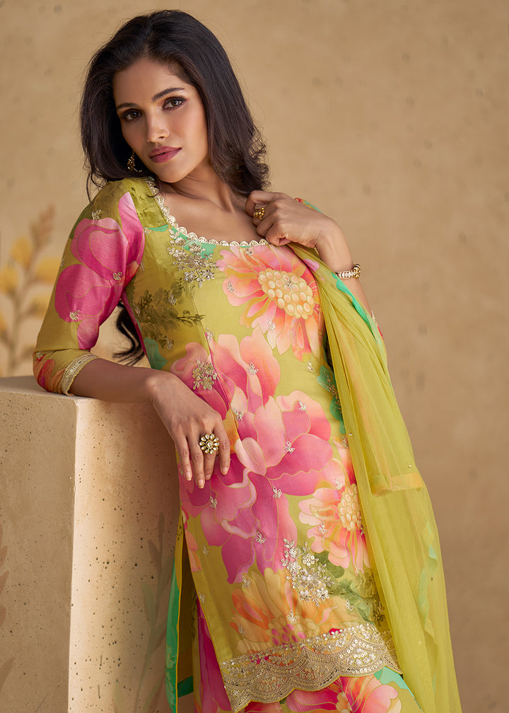Buy Now Festive Party Multicolor Real Chinnon Silk Palazzo Suit Online in USA, UK, Canada, Germany, Australia & Worldwide at Empress Clothing. 