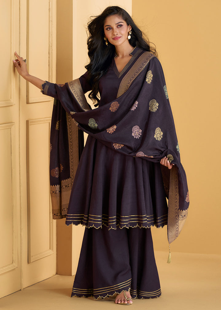 Pure Silk Purple Embroidered Anarkali Style Sharara Suit