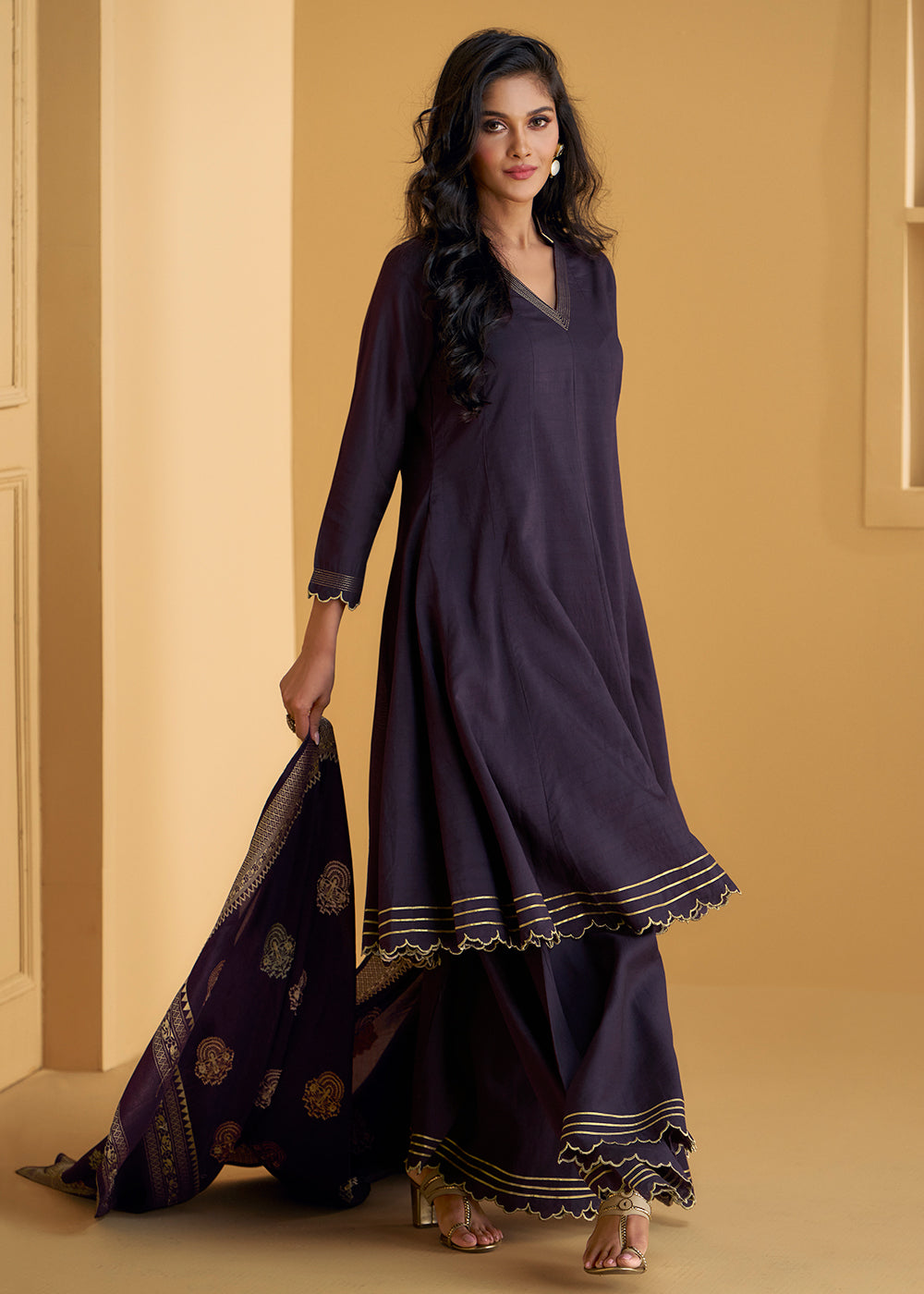 Pure Silk Purple Embroidered Anarkali Style Sharara Suit