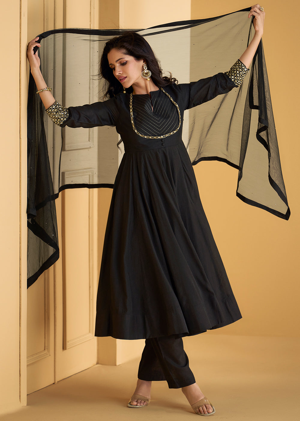 Buy Now Pure Silk Black Embroidered Anarkali Style Pant Salwar Suit Online in USA, UK, Canada, Germany, Australia & Worldwide at Empress Clothing. 