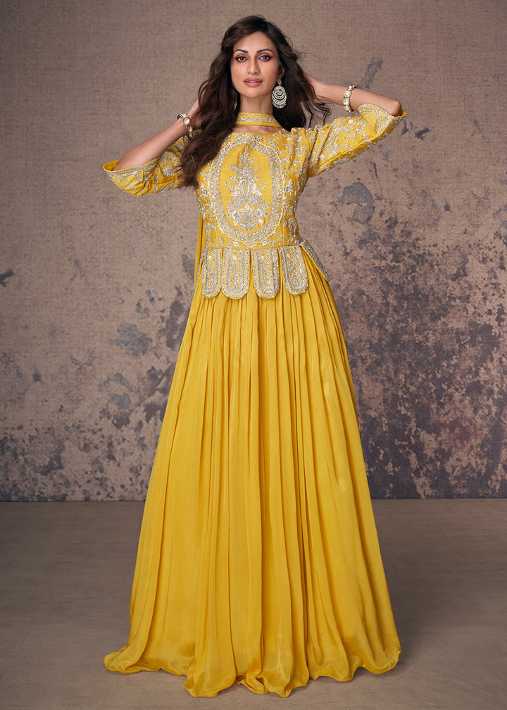 Buy Now Maize Yellow Silk Embroidered Wedding Party Anarkali Gown Online in USA, UK, Australia, New Zealand, Canada & Worldwide at Empress Clothing.