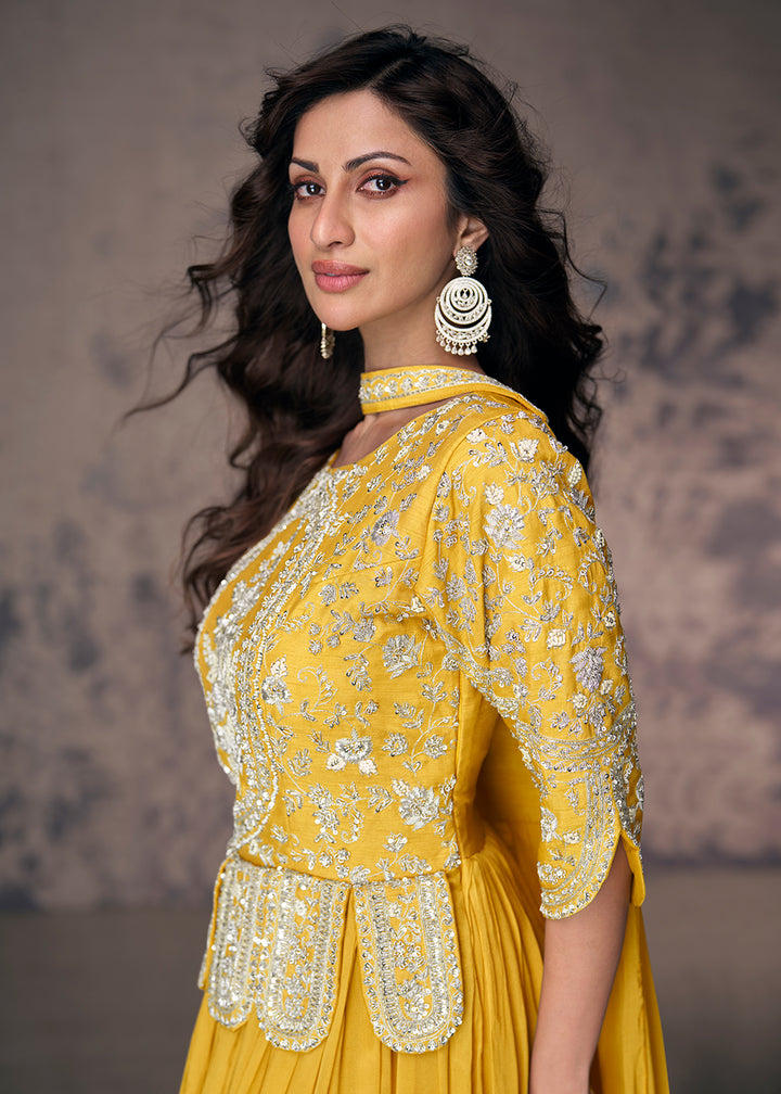 Buy Now Maize Yellow Silk Embroidered Wedding Party Anarkali Gown Online in USA, UK, Australia, New Zealand, Canada & Worldwide at Empress Clothing.