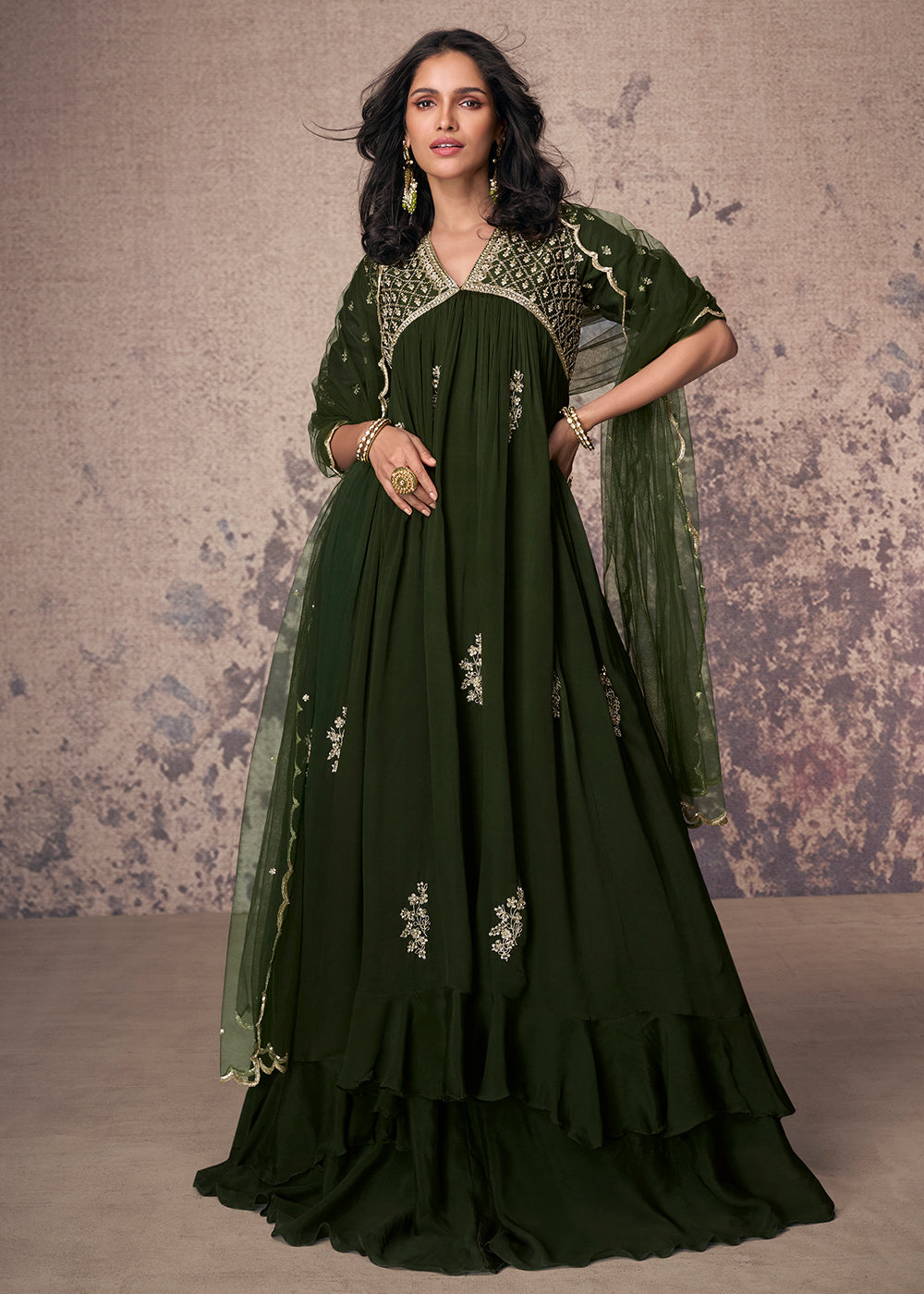 Buy Now Mehndi Green Silk Embroidered Wedding Party Anarkali Gown Online in USA, UK, Australia, New Zealand, Canada & Worldwide at Empress Clothing. 