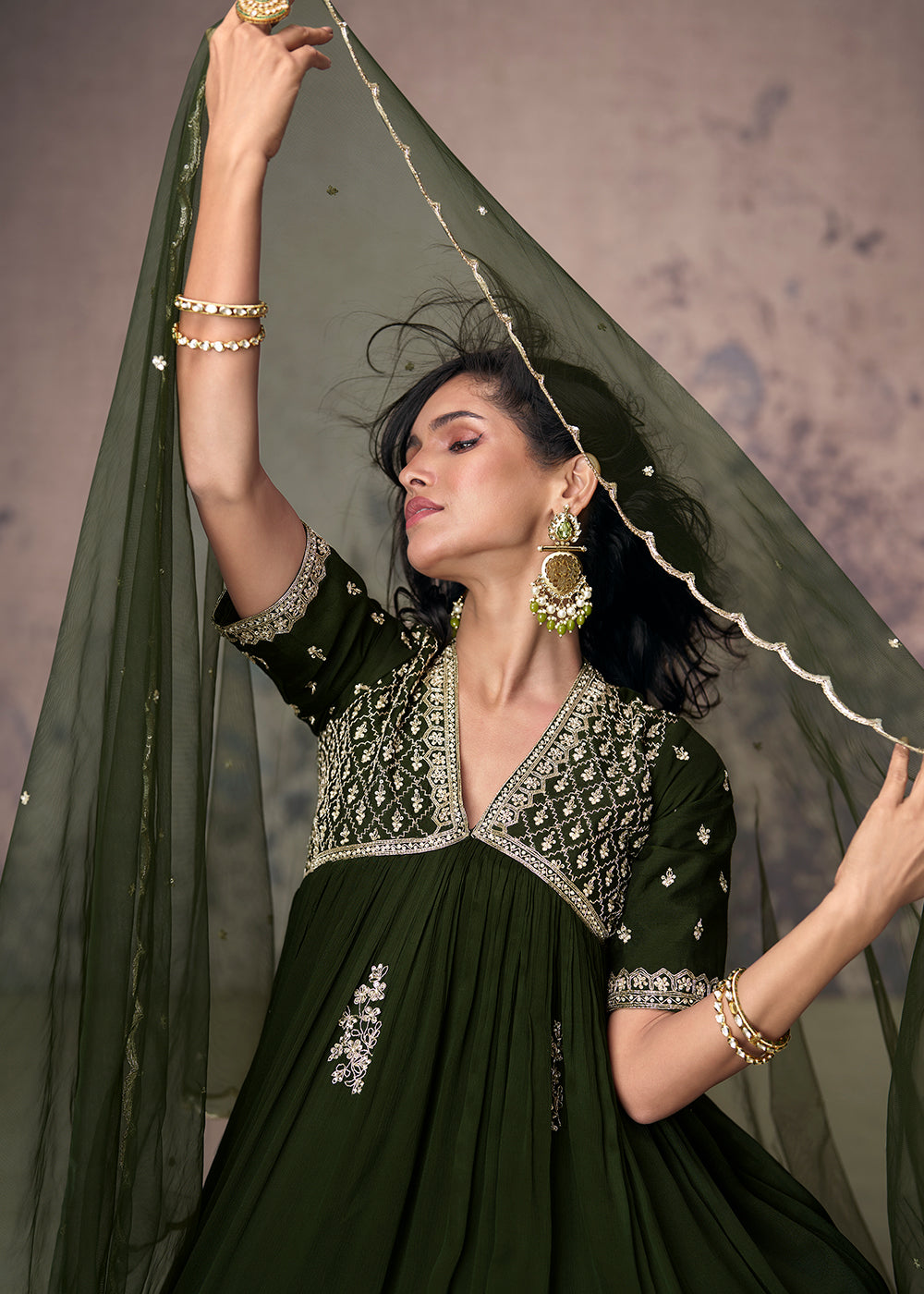 Buy Now Mehndi Green Silk Embroidered Wedding Party Anarkali Gown Online in USA, UK, Australia, New Zealand, Canada & Worldwide at Empress Clothing. 