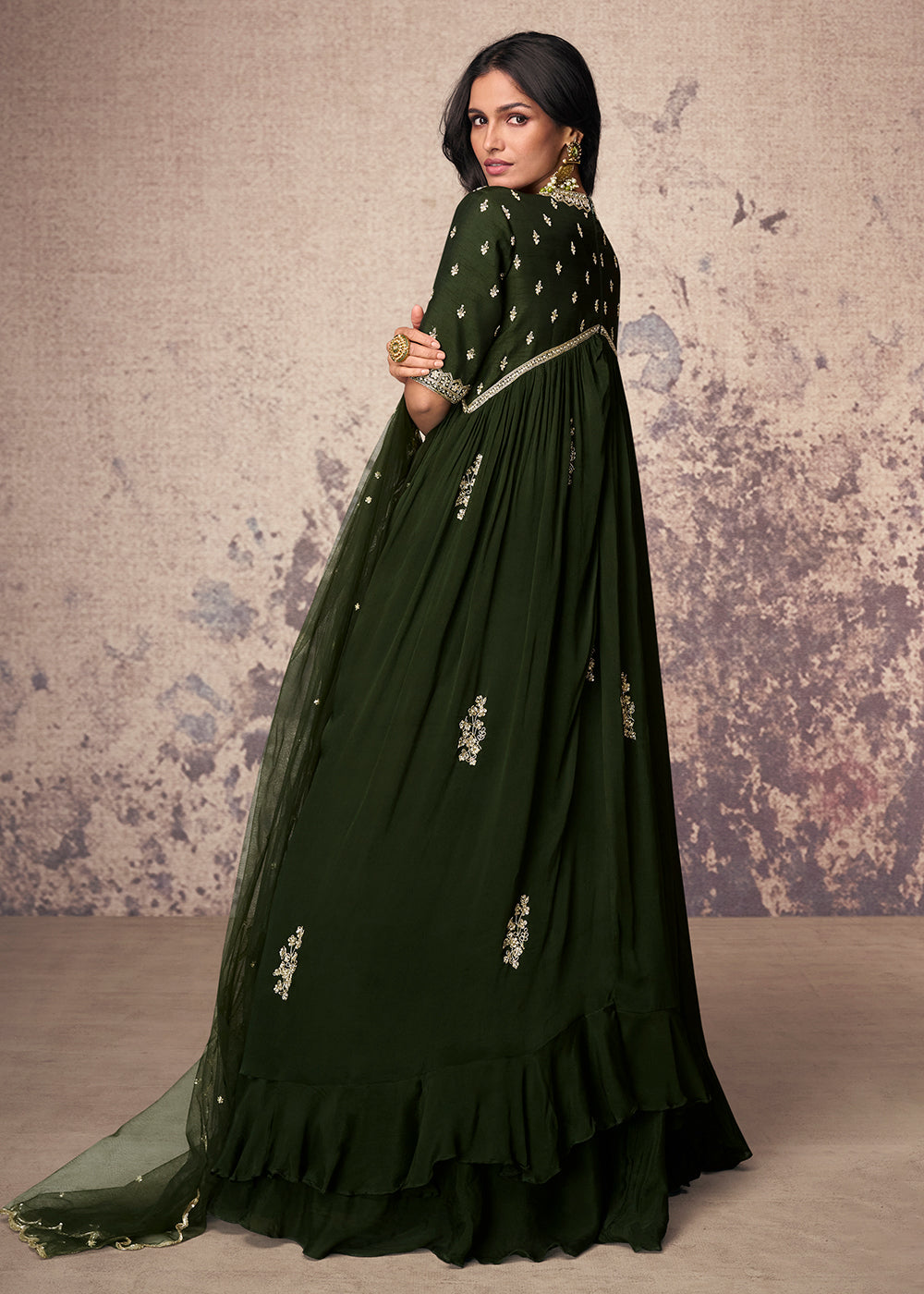 Wedding Anarkali in UK - Mehndi Green Silk Embroidered Anarkali Gown Wedding Anarkali in UK - Mehndi Green Silk Embroidered Anarkali Gown