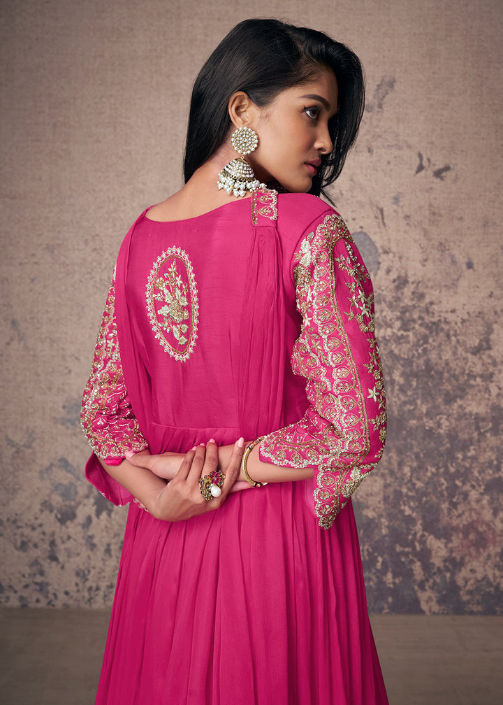 Buy Now Hot Pink Silk Embroidered Wedding Party Anarkali Gown Online in USA, UK, Australia, New Zealand, Canada & Worldwide at Empress Clothing. 