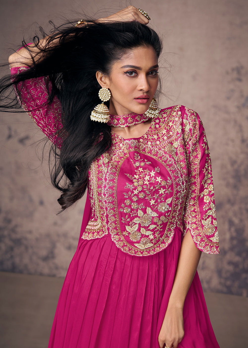 Buy Now Hot Pink Silk Embroidered Wedding Party Anarkali Gown Online in USA, UK, Australia, New Zealand, Canada & Worldwide at Empress Clothing. 