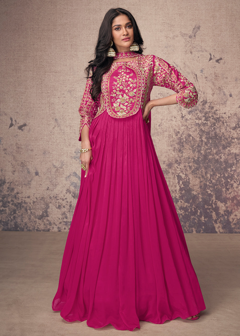 Buy Now Hot Pink Silk Embroidered Wedding Party Anarkali Gown Online in USA, UK, Australia, New Zealand, Canada & Worldwide at Empress Clothing. 