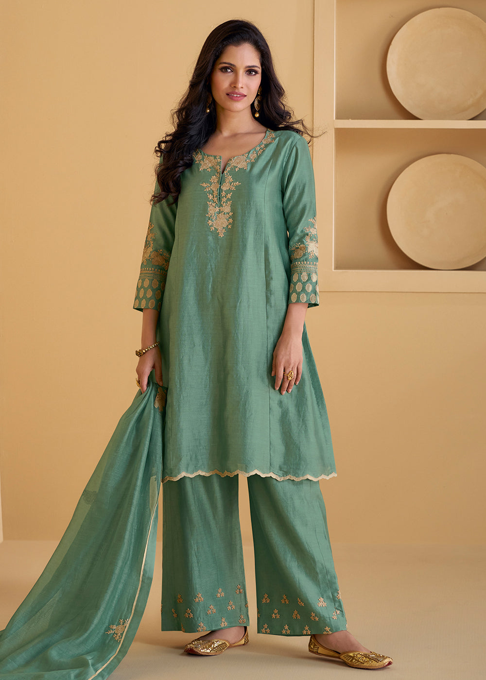 Buy Now Pure Real Silk Green Embroidered Festive Pant Style Suit Online in USA, UK, Canada, Germany, Australia & Worldwide at Empress Clothing. 