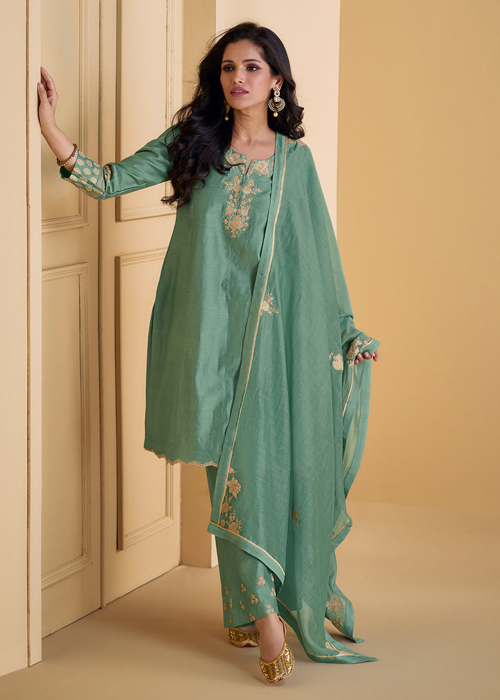 Buy Now Pure Real Silk Green Embroidered Festive Pant Style Suit Online in USA, UK, Canada, Germany, Australia & Worldwide at Empress Clothing. 