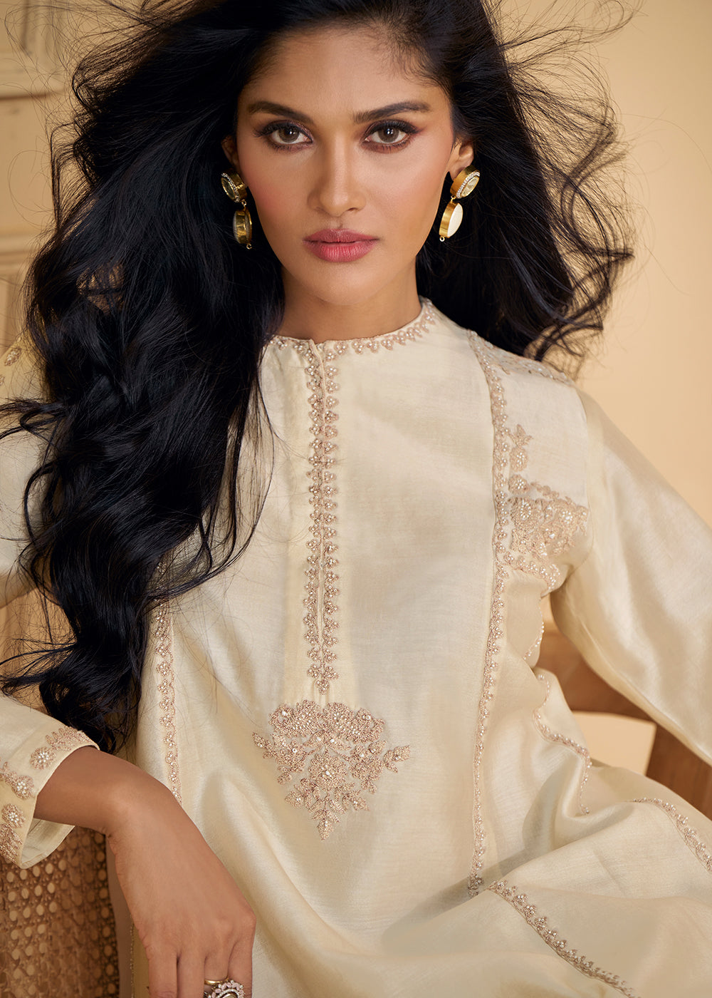 Buy Now Pure Real Silk White Embroidered Palazzo Style Suit Online in USA, UK, Canada, Germany, Australia & Worldwide at Empress Clothing.