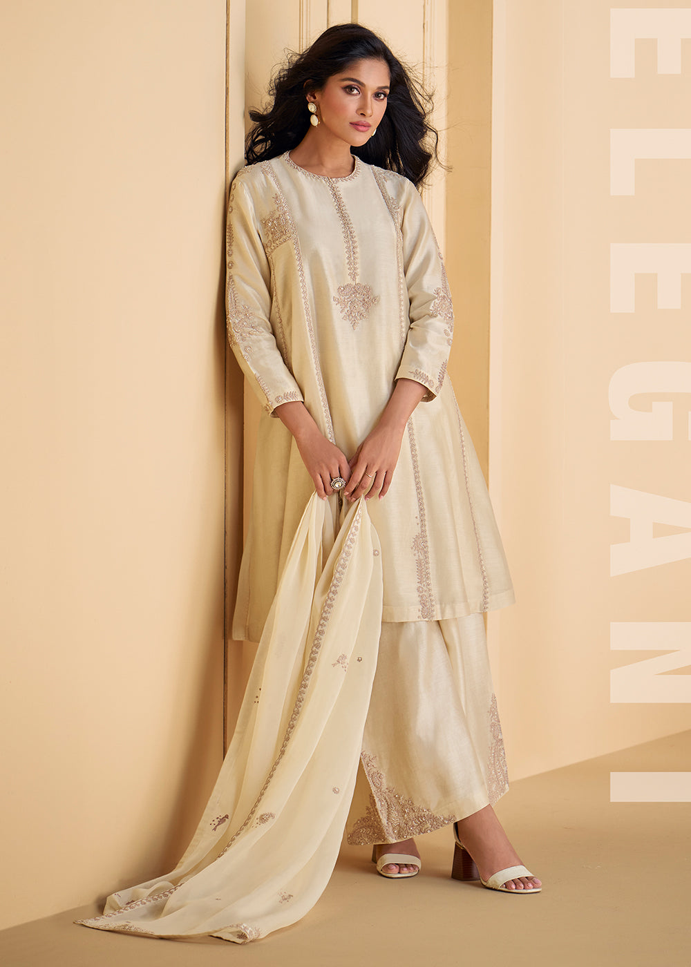Buy Now Pure Real Silk White Embroidered Palazzo Style Suit Online in USA, UK, Canada, Germany, Australia & Worldwide at Empress Clothing.