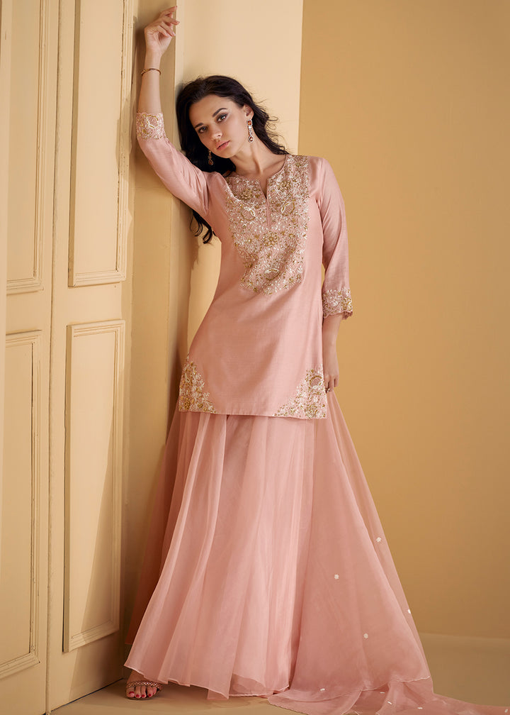 Shop Now Pure Real Silk Pink Embroidered Festive Sharara Style Suit Online at Empress Clothing in USA, UK, Canada, Italy & Worldwide.